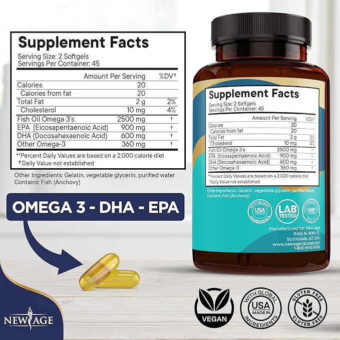 NEW AGE Omega 3 Fish Oil Supplement Immune &amp Health Support – Promotes Joint Eye &amp Skin Health - Non GMO - EPA DHA Fatty Acids Gluten Free (90 Softgels (Pack of 1))
