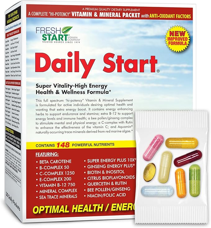 Daily Start All-in-One Daily Vitamin Pack - Energy &amp Focus - Vitamin B12 Panax Ginseng B-Complex Guarana Yerba Mate Ashwagandha &amp Antioxidants - 30 Day Supply