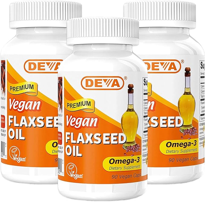 DEVA Organic Vegan Vitamins Flax Seed Oil - Rich in Omega-3 Cold-Pressed &amp Unrefined - 90 Capsules (Pack of 3)