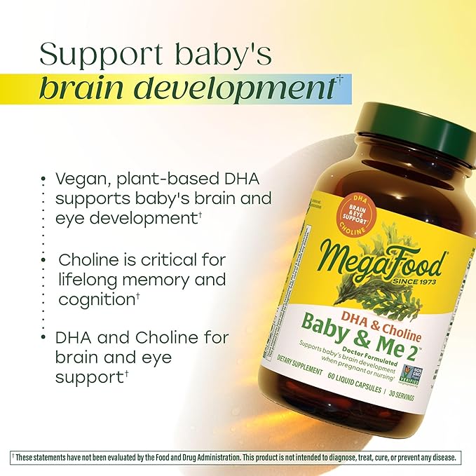 MegaFood Baby &amp Me 2 Prenatal Vitamins for Women DHA &amp Choline Supplements Liquid DHA and Choline for Baby's Brain and Eye Development During Pregnancy Vegan 60 Capsules (30 Servings)