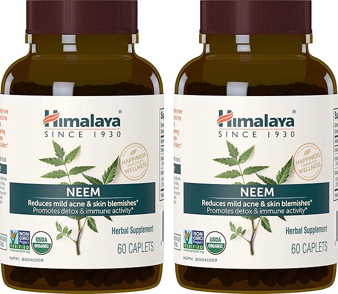 Himalaya Organic Neem Herbal Supplement for Mild Acne &amp Clear Skin Purifying Ayurvedic USDA Certified Organic Non-GMO Vegan 600 mg 60 Plant Based Caplets 2 Pack