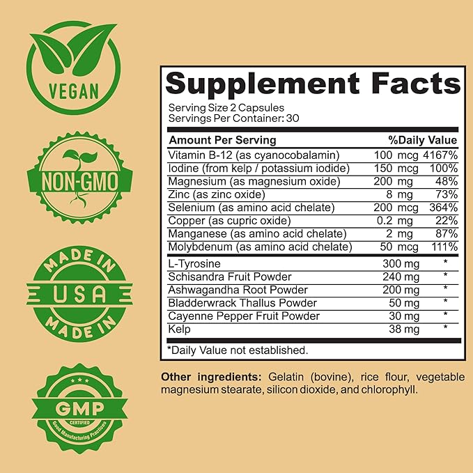 Thyroid Support Supplement with Iodine Ashwagandha &amp Kelp – Supports Energy Metabolism &amp Hormone Balance Formula – Selenium Zinc &amp L-Tyrosine – Natural Thyroid Health (Pack of 3)