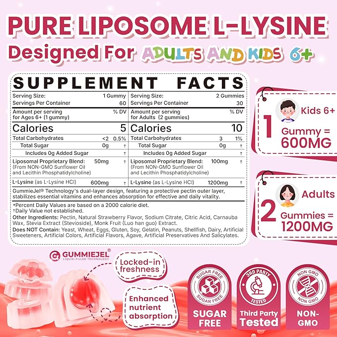 Liposomal L-Lysine Gummies 1200mg | High Absorption Immune &amp Skin Support | Vegan Amino Acid Supplement for Adults &amp Kids | Lips &amp Oral Bone &amp Collagen Health | Non-GMO Sugar-Free 6