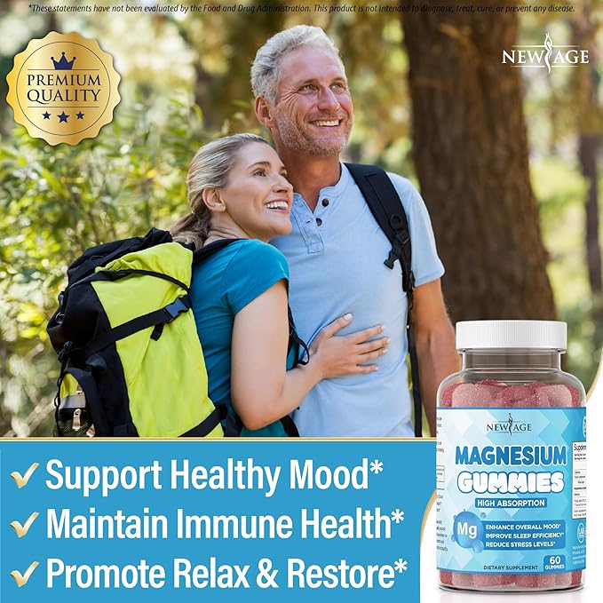 Magnesium Gummies - Calming Anti-Stress Gummies Magnesium Supplement for Adults and Kids Vegan Gelatin-Free Gluten-Free Non-GMO Delicious Natural Raspberry Flavor- 60 Count - by New Age