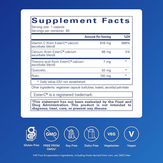 Pure Encapsulations Ester-C &amp Flavonoids - Vitamin C Supplement for Antioxidants - Immune &amp Vascular Support* with Calcium &amp Rutin - Gentle on Digestion - Vegan &amp Non-GMO - 90 Capsules