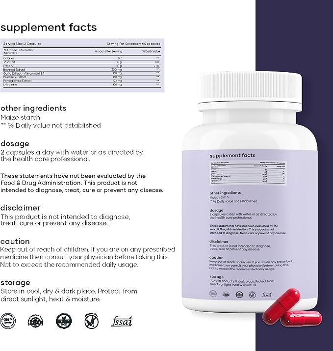 Mars Beetroot Capsules with L-Arginine Garlic Pomegranate &amp Blueberry Nitric Oxide Booster Supplement 60 Capsules