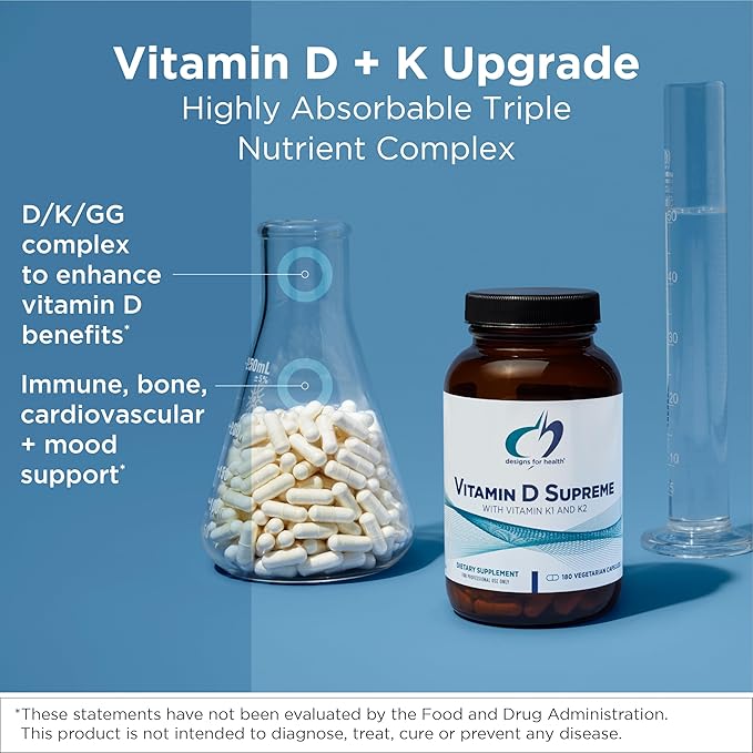Designs for Health Vitamin D Supreme - Vitamin D 5000 IU with 2000mcg Vitamin K as MK4 for Bone Health Heart Health Mood &amp Immune Support - Vitamin D3 Enhanced with GG Supplement (180 Capsules)