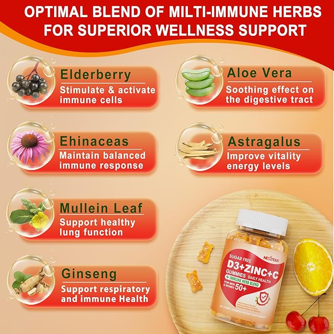 Sugar Free Vitamin C + D3 + Zinc Gummies for Adults 50 + 9 in 1 Immune Defense Supplement with D3 5000IU Elderberry Echinacea Mullein Leaf for Boost Immunity Power Antioxidant Vegan (Pack of 1)