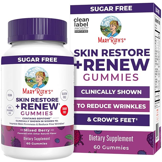 MaryRuth's Skin Restore + Renew Gummies With Hyaluronic Acid | Skin Hydration | Clinically Shown in Women to Reduce Fine Wrinkles &amp Improve Skin Firmness | Vegan Collagen Production | 60 Gummies