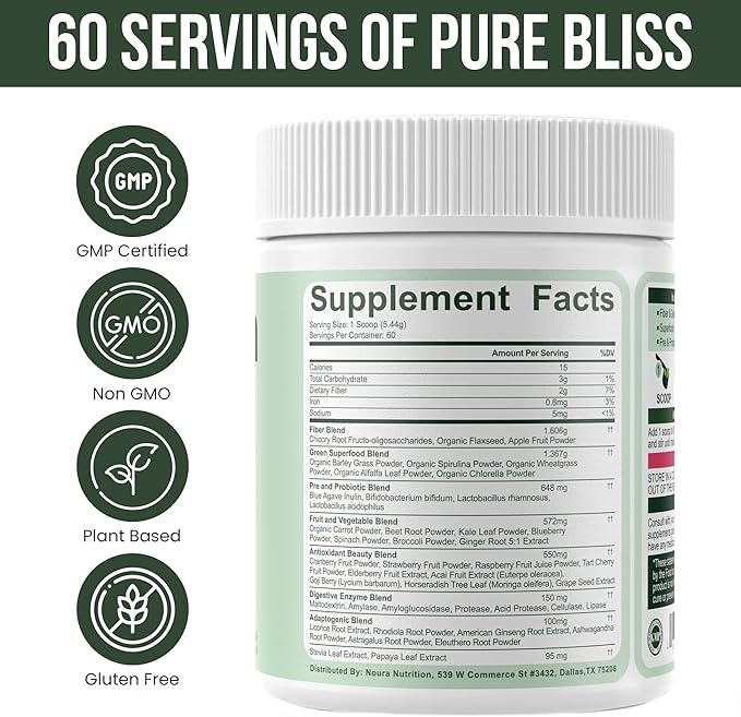 Super Greens Powder 60 Servings - Immunity Digestive Enzymes &amp Probiotics for Energy Gut Health Bloating Relief for Women - Greens Superfood Powder - Mixed Berry