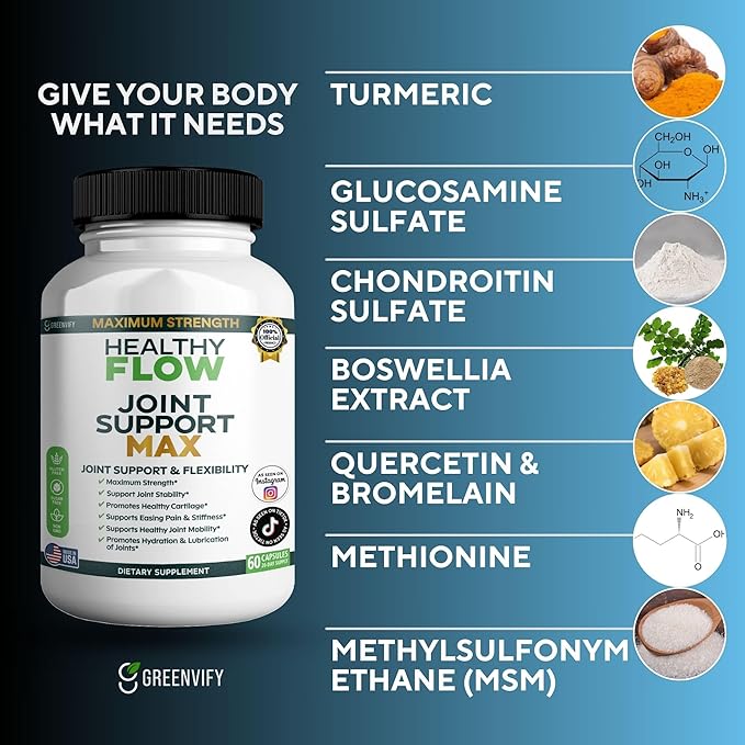 Healthy Flow Joint Support Max 1500mg Glucosamine 60 Capsules Maximum Strength Joint Support Supplement (1)