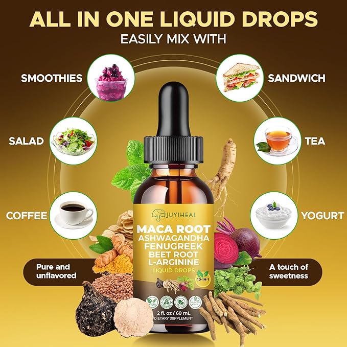 10-in-1 Maca Root Liquid Drops Maca Root with Ashwagandha Nettle Fenugreek Beet Root and L-Arginine Maca Supplement for Overall Support - 2 fl oz
