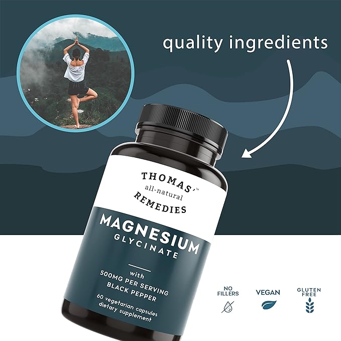 Thomas' all-natural Remedies Magnesium Glycinate Supplements High Absorption Dietary Supplements for Muscle and Bone Support Non-GMO No Fillers 60 Vegan Capsules 500mg per Serving