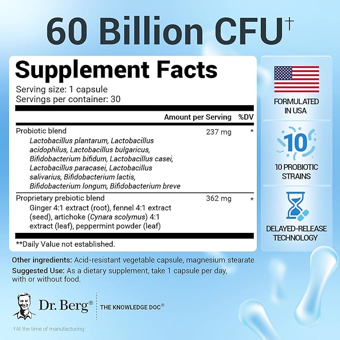 Dr. Berg Probiotic Supplement (60 Billion CFUs) - Helps Ease Occasional Constipation Diarrhea Gas &amp Bloating* - Pre and Probiotics for Digestive Health - 30 Probiotic Capsules