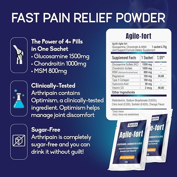 Agile Fort Joint Support Supplement – Glucosamine Chondroitin MSM Type II Collagen &amp Magnesium – 30 Sachets for Joint &amp Cartilage Health for Women and Men