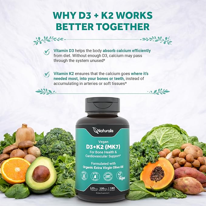 Naturalis Vegan Vitamin D3+K2 from Algae | 5000 IU D3 with 120mcg MK7 | Vegan Society CertifiedSustainably SourcedBetter Than Animal Derived | Better Support for Bone &amp Immune Health* | 180 Soft