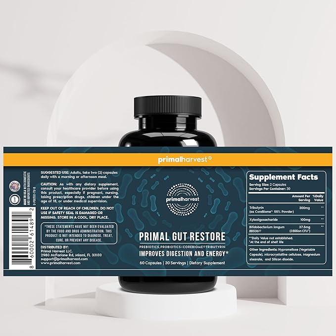 Primal Harvest Restore for Gut Health Primal Gut Restore w/POSTbiotics PREbiotics and PRObiotics for Women and Men 60 CT - Digestion Colon Cleanse Immunity Support - Helps Leaky Gut Repair