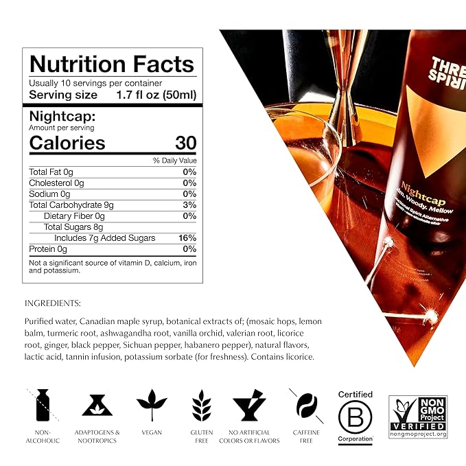 Three Spirit Non-Alcoholic Alternative Spirit - The Nightcap 50cl | Alt-Whiskey | Unwind &amp Chillout with Adaptogens Valerian Hops &amp Lemon Balm | Award Winning Active Botanical Gluten Free &