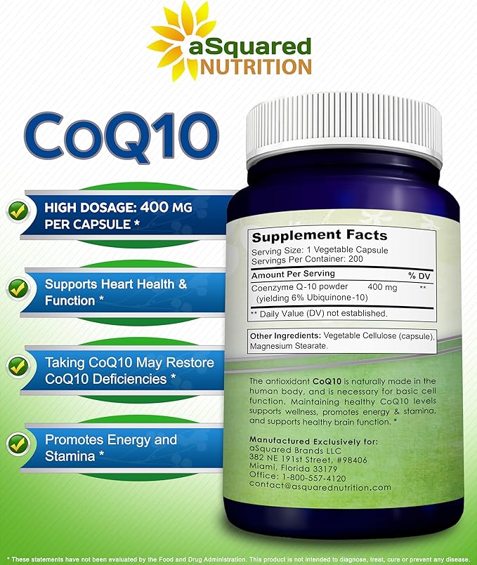 aSquared Nutrition CoQ10 (400mg Max Strength 200 Capsules) - High Absorption Vegan Coenzyme Q10 Powder - Ubiquinone Supplement Pills Extra Antioxidant CO Q-10 Enzyme Vitamin Tablets Coq 10 400 mg