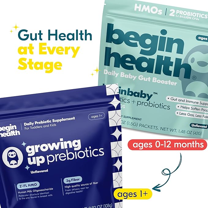 Begin Health BeginBaby Prebiotics and Probiotics for Infants 0-12 Months | Baby Formula Prebiotic + Probiotic Powder with 2'-FL HMO's &amp B. Infantis for Optimal Digestion | 28-Packs - Unflavored