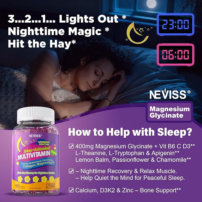 NEVISS Multivitamin for Women Gummies with Magnesium Glycinate 400mg Calcium D3 K2 Collagen Gummy for Nighttime Renewal/Sleep Antioxidant Relax Bone Womens 18 30 40 50 60 70+ PM Daily Vitamins