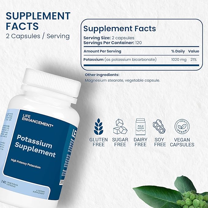 Life Enhancement High Potency 1020 mg Potassium Supplement for Muscle Brain &amp Bone Health - No Additives High Absorption Elemental Potassium Supplement Made in USA (240 Capsules – 120 Servings)