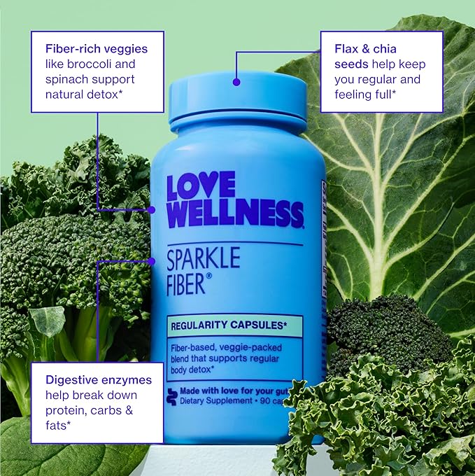 Love Wellness Sparkle Fiber | Fiber Supplement with Digestive Enzymes | Greens Superfood Powder &amp Psyllium Husk Powder | Promotes Gut Health for Women | Regularity &amp Bloating Relief | 90 Count