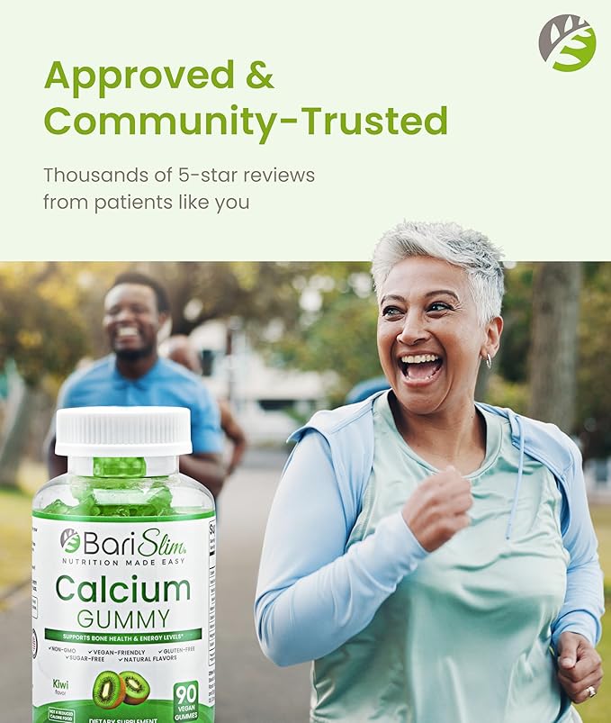 BariSlim Bariatric Calcium Gummies - Specially Formulated Bariatric Vitamins for Patients After Weight Loss Surgery - Supports Energy Levels &amp Bone Health | Kiwi (90 Vegan Gummies)