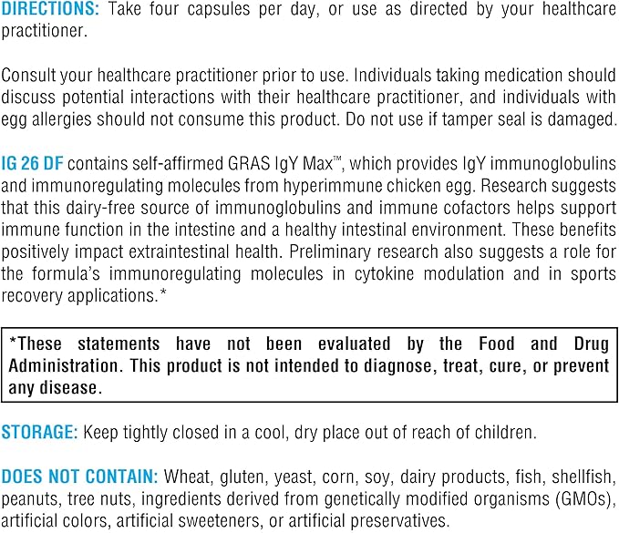 XYMOGEN IG 26 DF - Dairy-Free Immunoglobulin Capsules for Intestinal &amp Immune System Support - Hyperimmune Egg-Derived Immunoglobulins - 120 Capsules
