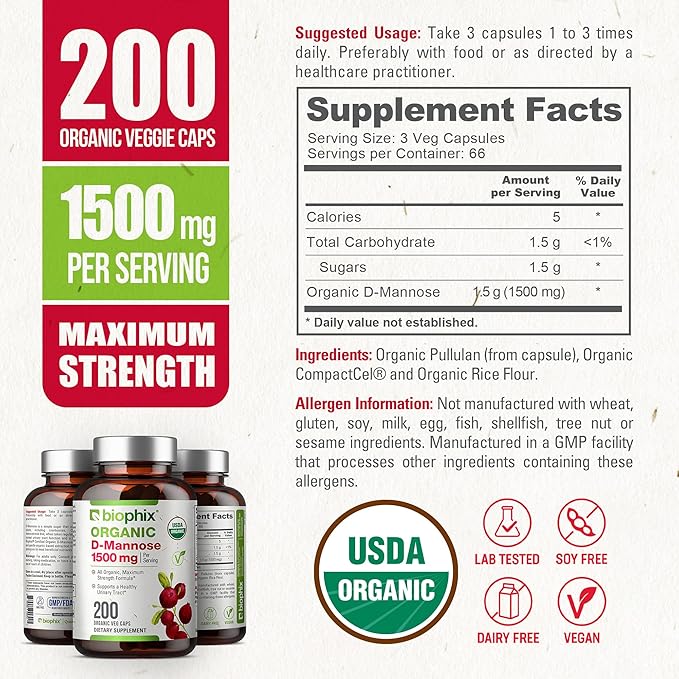 biophix D-Mannose USDA Organic 1500 mg 200 Veggie Caps - Supports a Healthy Bladder Urinary Tract Non-GMO Vegan-Friendly