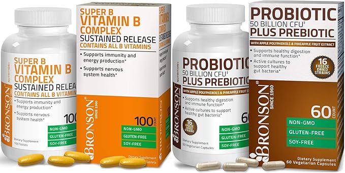 Bronson Probiotic 50 Billion CFU + Prebiotic with Apple Polyphenols &amp Pineapple Fruit Extract + Vitamin B Complex Sustained Release