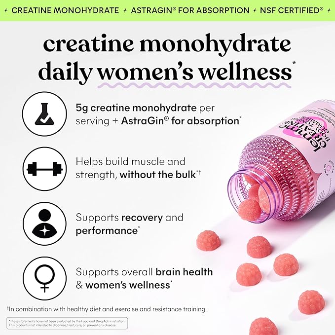 Lemme Creatine Monohydrate Gummies for Women and Men 5g Dose to Support Lean Muscle Strength Recovery Cognitive Health w/Ginseng for Absorption Sour Strawberry NSF Certified 60 Gummies