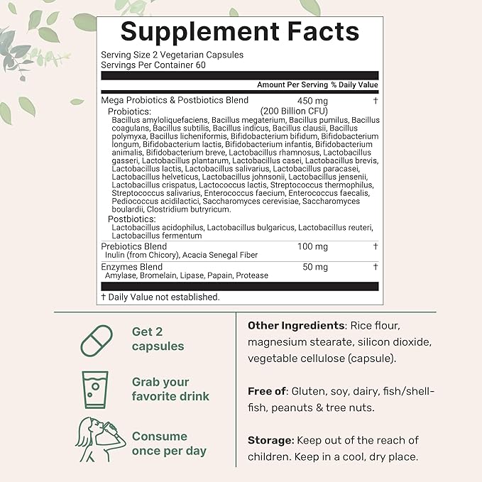 Micro Ingredients Probiotics 200 Billion CFU 120 Veggie Capsules | Mega Probiotics for Men &amp Women | 40 Strains with Prebiotics Postbiotics &amp Digestive Enzymes | Gut Immune &amp Digestive