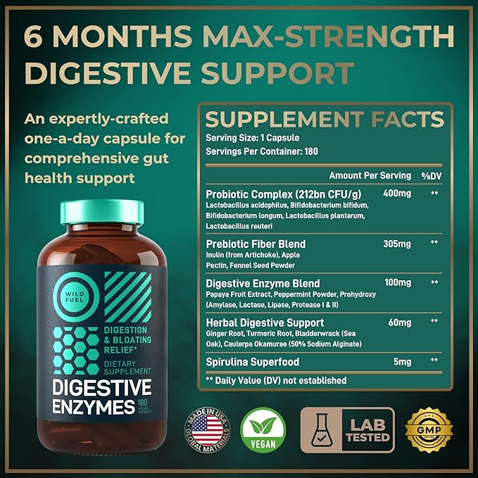 Digestive Enzymes for Women and Men with Probiotics and Prebiotics - Vegan Digestive Enzyme Blend - Bloating Support Gut Health &amp Digestion Supplement with Artichoke Ginger Turmeric - 180 Capsule
