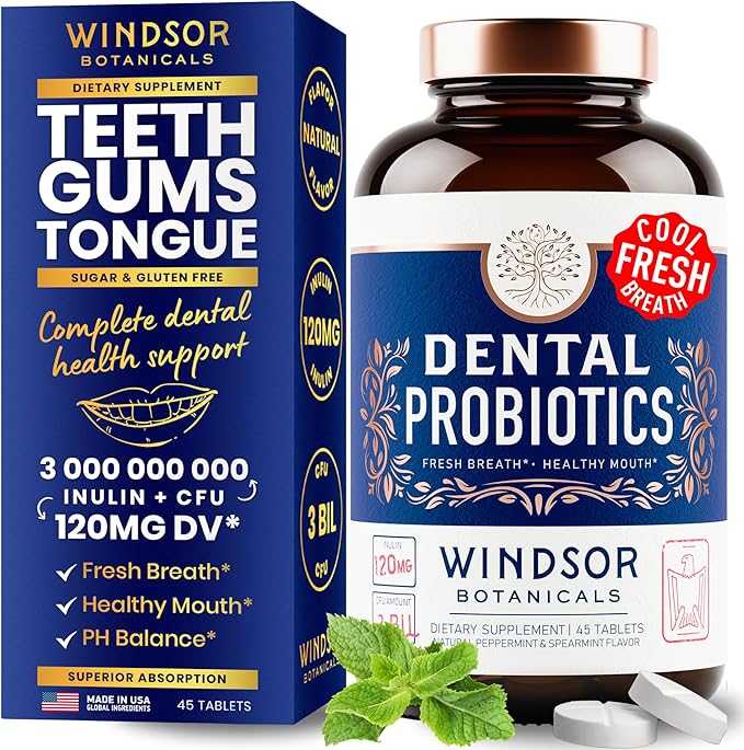 Oral Probiotics for Teeth and Gums - 3BN CFU Lactobacillus Salivarius Acidophilus Rhamnosus Streptococcus - Bad Breath Treatment for Adults - 45 Chewable Mint Dental Probiotic Tablets for Women &amp