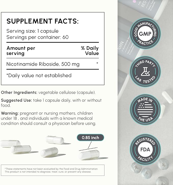 NR Supplement - High Purity Nicotinamide Riboside Capsules - NAD+ Booster for Anti-Aging Cellular Energy &amp Repair - Alternative to NMN - 60 Veggie Capsules