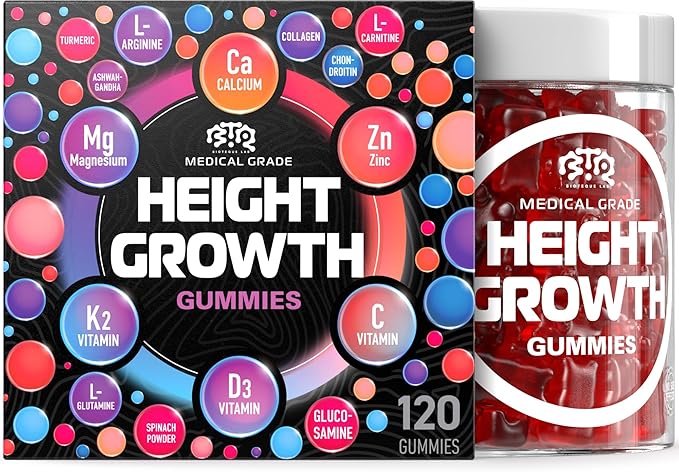 BIOTEQUELAB Height Growth Increase Gummies Vitamins Grow Tall Supplement Calcium Magnesium Zinc Ashwagandha Glucosamine Multivitamin for Teens Kids 120 Gummies