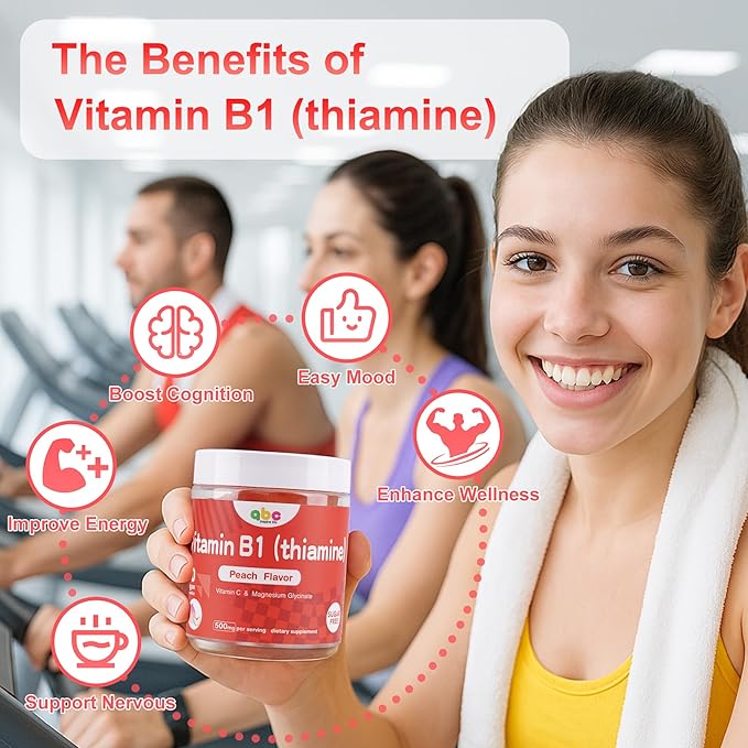 Vitamin B1 Gummies 300mg for Adults &amp KidsChewable Thiamine B1 Supplement with 150mg MagnesiumNervous System Healthy EnergyNatural Peach FlavorNon GMOVegan 60 Count Sugar-Free 1-Month Supply