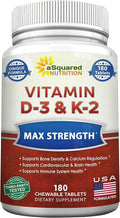 aSquared Nutrition Vitamin D3 with K2 Supplement-180 Chewable Tablets Max Strength D-3 Cholecalciferol &amp K-2 MK7 to Support Healthy Bones Teeth Heart -Antioxidant D3 &amp K2 MK-7 Energy Formul