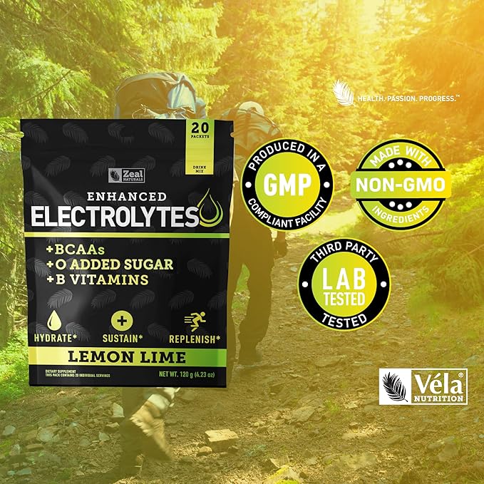 Enhanced Electrolyte Powder Stick Packs (Lemon Lime | 20 Packets) w/ 0 Sugar +BCAAs +B-Vitamins Electrolyte Supplement w Potassium Zinc &amp Magnesium for Hydration - Keto Electrolytes
