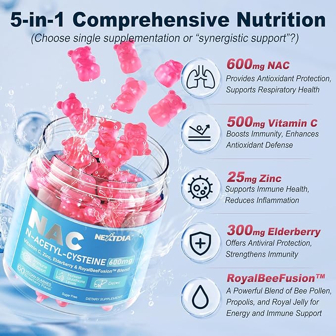 NAC Gummies for Kids &amp Adults Chewable N-Acetyl Cysteine Supplement 600mg 1000mg w/Vitamin C Zinc Elderberry for Antioxidants &amp Immune Support Lung &amp Liver Health Sugar Free 120 Ct