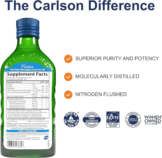Carlson - Kid's Cod Liver Oil 550 mg Omega-3s Vitamins A &amp D3 Wild Norwegian Bubble Gum 250 mL
