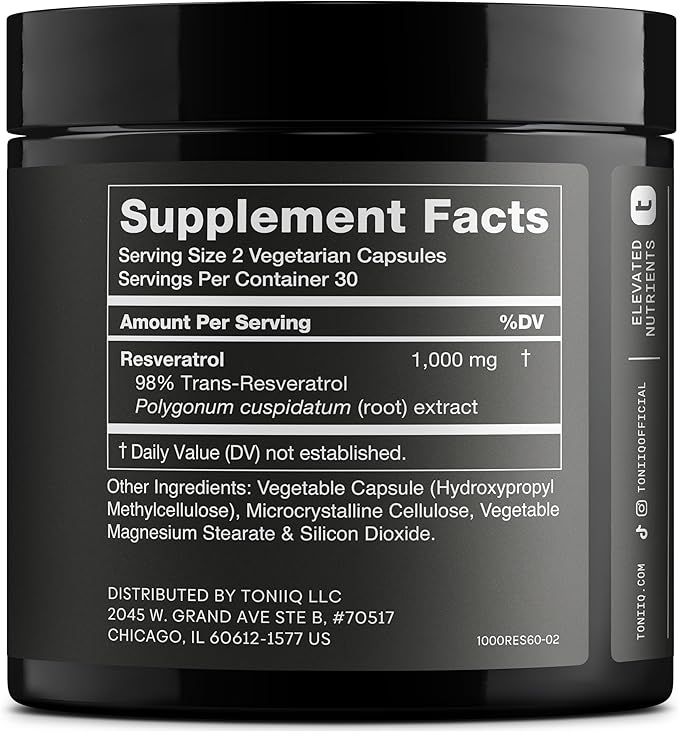 Ultra High Potency Third-Party Tested Trans Resveratrol 1000mg - 98% Pure Highly Purified and Bioavailable - Resveratrol Polygonum Root Extract - 60 Capsules