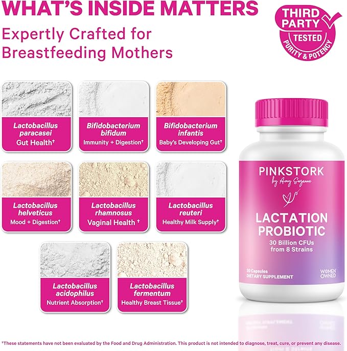Pink Stork Lactation Probiotic - 30 Billion CFUs Multi Strain Postnatal Probiotics for Breastfeeding Women - Support Breast Milk &amp Gut Health Postpartum Essentials Mint Essence 30 Capsules