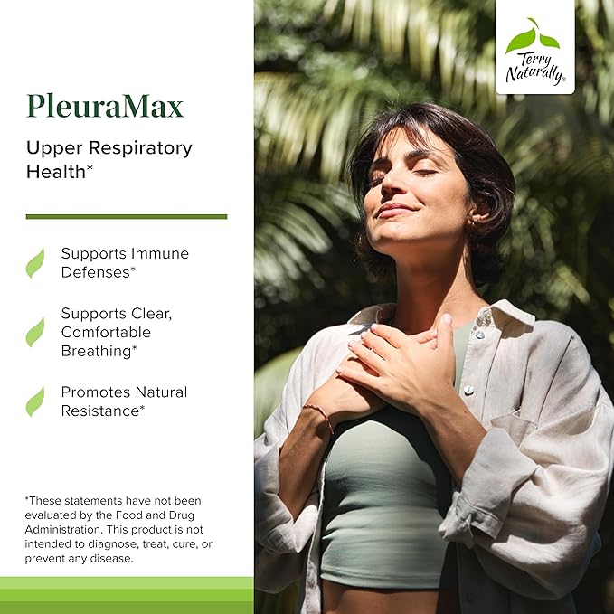 Terry Naturally PleuraMax - Upper Respiratory Health Supplement - Sourced from Oyster Mushrooms - Includes Vitamin C for Immune Support - Vegan &amp Non-GMO - 30 Capsules (30 Servings)