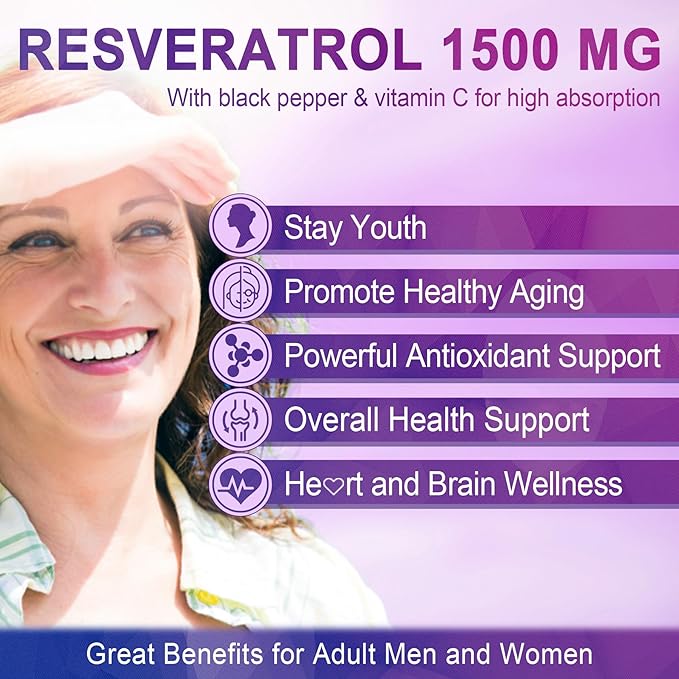 Resveratrol Supplement 1500mg - Resveratrol Gummies Supports NAD⁺ NMN &amp NMNH Synergy with Quercetin Grape Seed Acai Berries Extracts for Antioxidant Healthy Aging &amp longevity Skin Brain