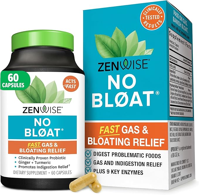 Zenwise Health No Bloat Digestive Enzymes for Gut Health Gas &amp Bloating Relief - Multi Enzymes Digestion Supplement with Probiotics Ginger Turmeric Dandelion &amp Lactase - Men &amp Women - 6