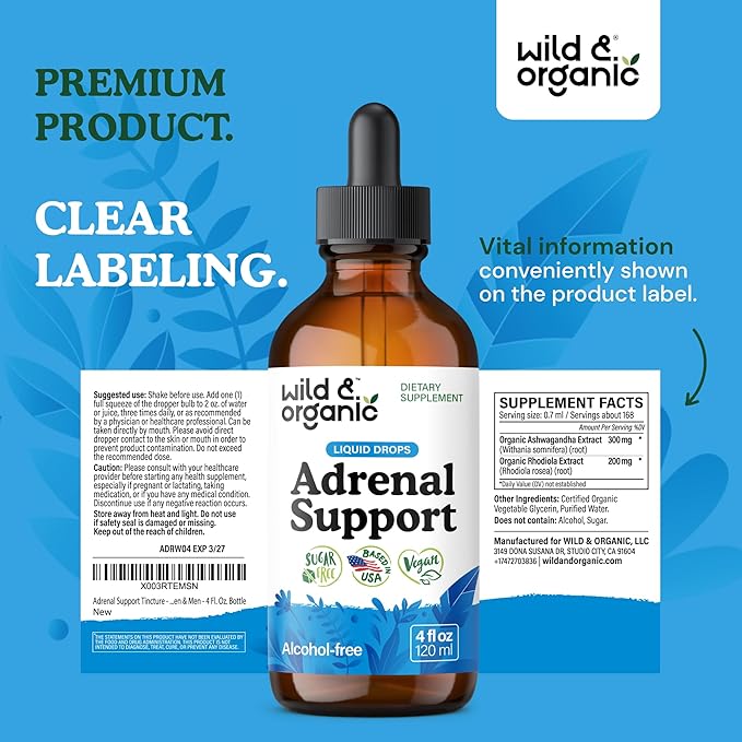 Wild &amp Organic Adrenal Support Supplements - Mood &amp Energy Support - Ashwagandha &amp Rhodiola Rosea Extract Complex for Women &amp Men - Add to Tea Liquid Drops - Vegan No Sugar &amp Alco