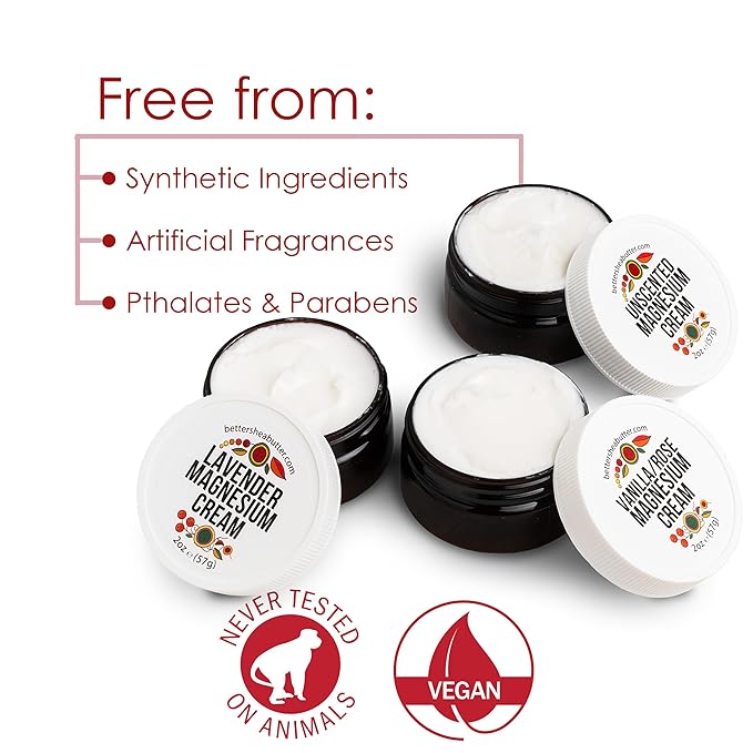 Better Shea Butter Magnesium Cream Variety Pack | for Leg Cramps | Vanilla Rose Unscented and Lavender Travel Size Lotion Minis for Women and Men | Safe for Pregnancy Kids &amp Babies 3 x 2oz Jars