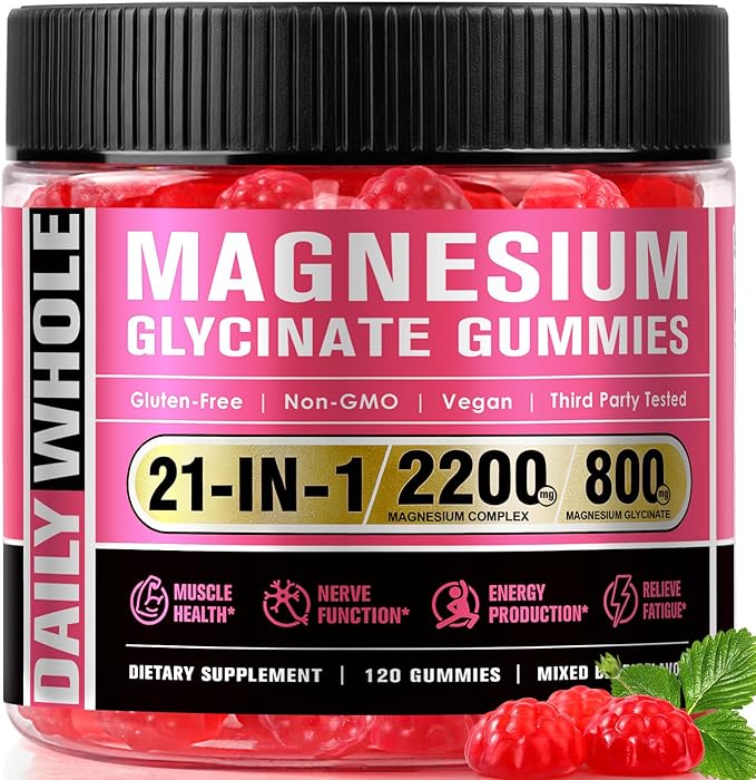 Magnesium Glycinate Gummies 21 in 1 2200MG Magnesium Complex with Glycinate Malate &amp Vitamin B12 High Absorption&ampAdvanced SupplementThird-Party Tested120 Gummies